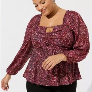 Torrid Peplum Shirred Keyhole Smocked Blouse Flutter Sleeves Ruched Detail large